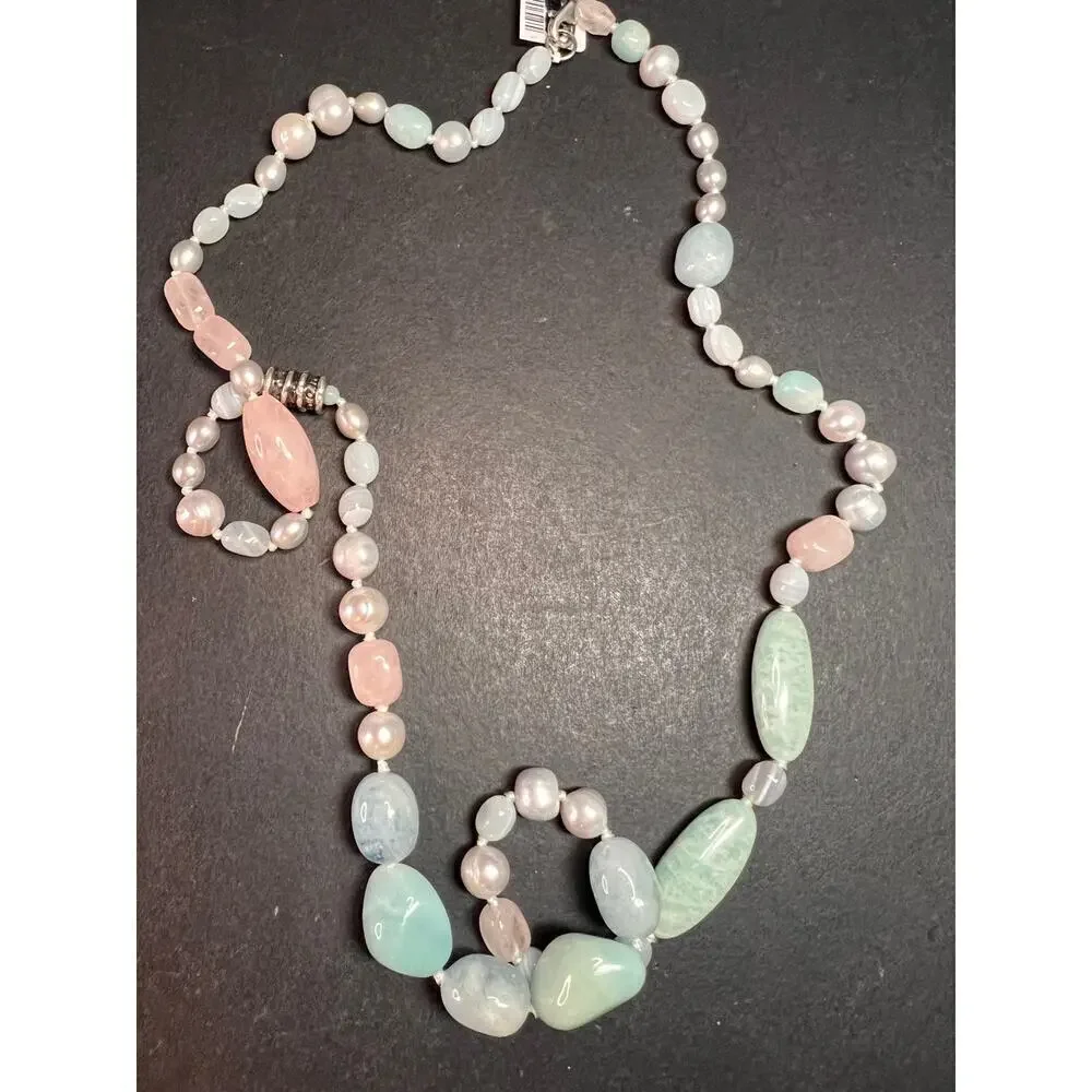 NEW dead stock amazonite , pearl multi stone sterling silver 30 inch necklace